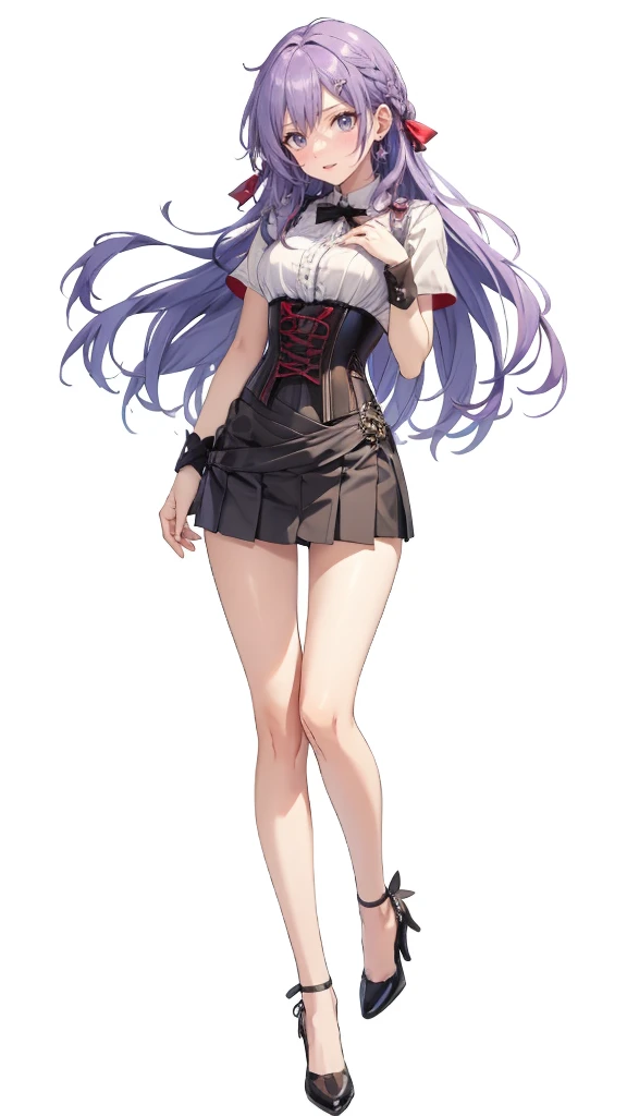 ((Perfect Face)),Purple Hair,Adult female,White shirt,((Shirt with rolled up sleeves)),(((Roll up your sleeves))),((corset)),short skirt,(High heels),((Simple White Background)),((full body)),((Full Body)),