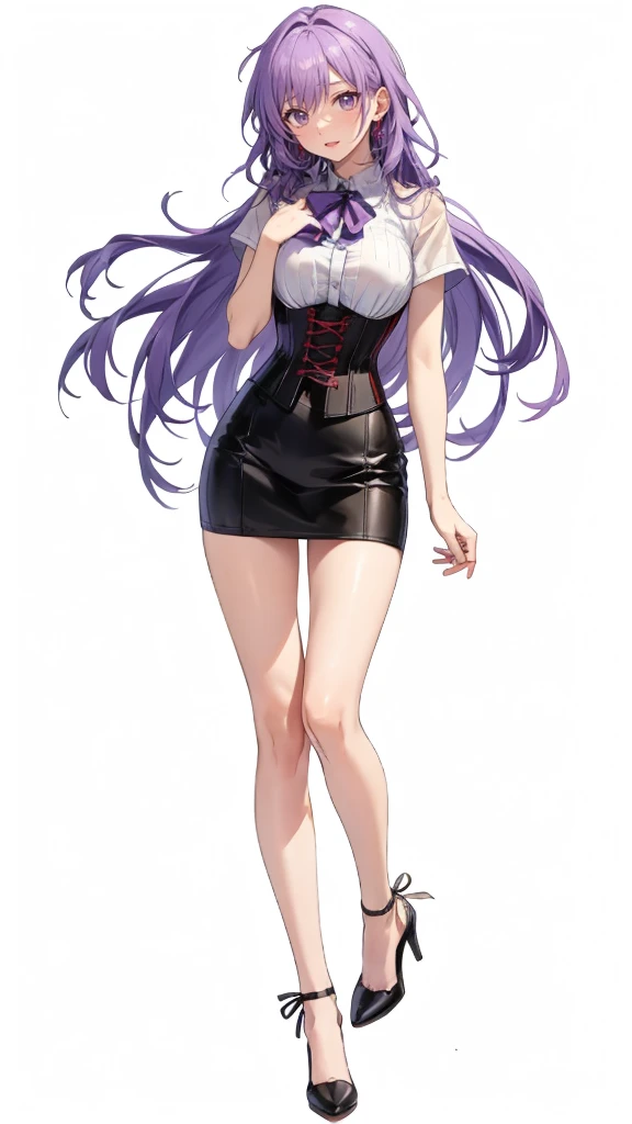 ((Perfect Face)),Purple Hair,Adult female,White shirt,((Shirt with rolled up sleeves)),(((Roll up your sleeves))),((corset)),short skirt,(High heels),((Simple White Background)),((full body)),((Full Body)),