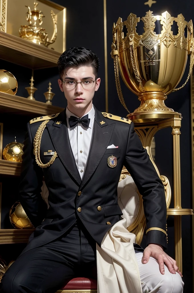 Young white man, military style shaved black hair, wearing thin black suit, sitting on a throne, holding a very large football champion trophy, in the background a shelf with thousands of titles, golden boots, golden balls, glasses and a huge sign saying SONIÊ.