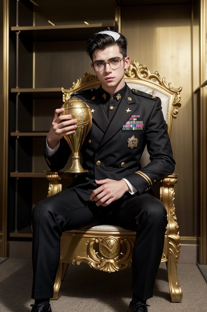 Young white man, military style shaved black hair, wearing thin black suit, sitting on a throne, holding a very large football champion trophy, in the background a shelf with thousands of titles, golden boots, golden balls, glasses and a huge sign saying SONIÊ.