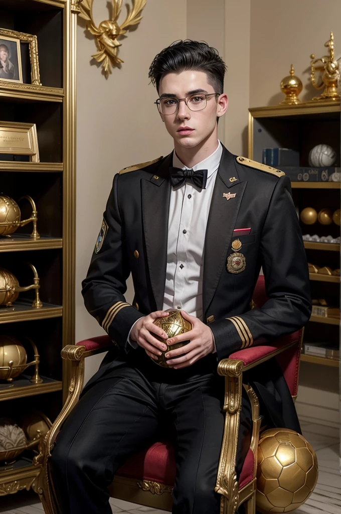 Young white man, military style shaved black hair, wearing thin black suit, sitting on a throne, holding a very large football champion trophy, in the background a shelf with thousands of titles, golden boots, golden balls, glasses and a huge sign saying SONIÊ.