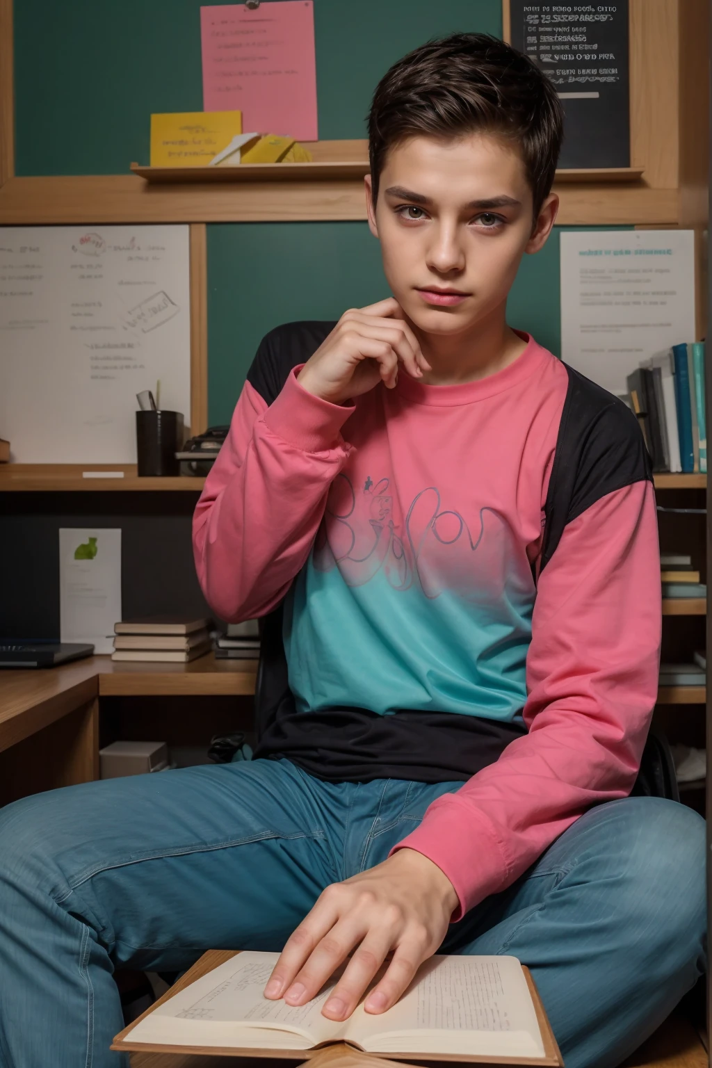 A beautiful young male twink with dark circles under his eyes. He has black hair and a face with make-up. He is wearing a bright pink long-sleeved shirt and aqua blue pants. He is in his office, sitting at a study desk, reading a huge book. Behind him is a blackboard with calculus written on it.  Integration and radiating neon energy comes out of the board