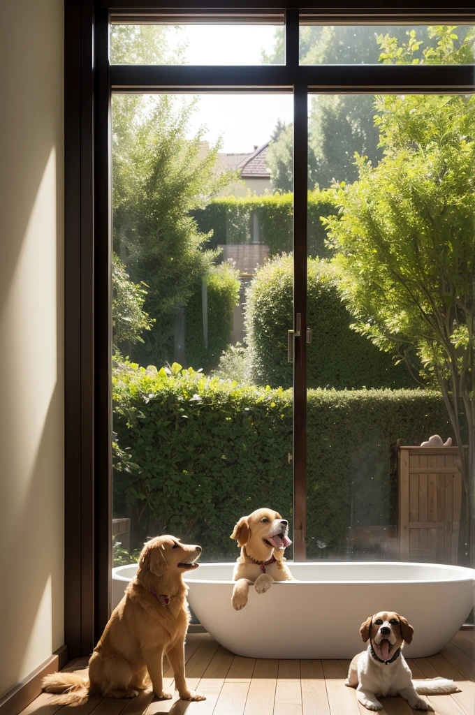 Pixar Image: a bath and grooming with several dogs playing and a window with a garden with a Golden Retriever watching 