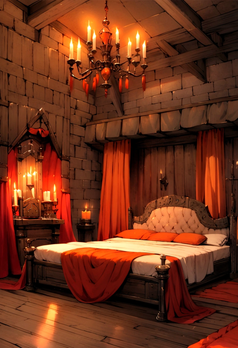 medieval castel room,bedroom,Bedroom in the room，big bed，Industrial-style, a lot of reds and orange and complimentary colors, candles, vast room, chair in view, wide view of large room