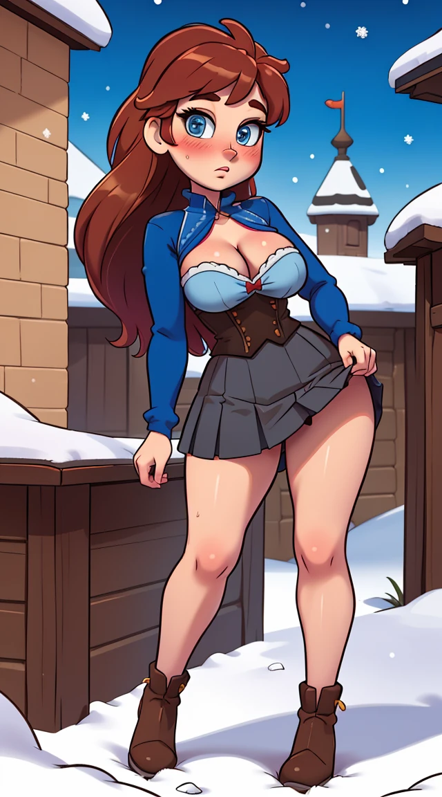 woman, ((Masterpiece, best quality)), full body view, sexy, bursting huge breasts, detailed skin, Anna from Frozen clothes, highly detailed, cinematic lighting, ultra realistic, blush, looking at viewer, anna, anna from frozen, princess, disney, brown hair, long hair, portrait, outdoor, snow, cleavage, large breasts, wide hips, full body view, tall,
skirt, miniskirt, microskirt, pleated skirt, thighs,