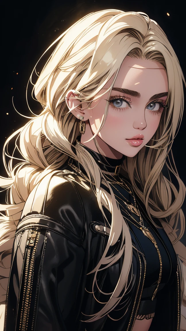 Beautiful woman with long wavy blond hair. Brown eyes. Athletic, sexy body. Wearing a black coat and dark jeans. City, mistborn, humid, rain, best quality masterpiece, realistic, detailed, 8k, HDR, shallow depth of field, wide light, high contrast, backlight, flooding, flash, chromatic aberration, sharp focus, photo RAW color