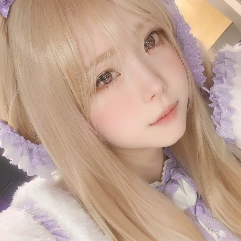 blond haired girl with long hair wearing a purple and white outfit, kemonomimi, shikamimi, belle delphine, cute natural anime face, kawaii realistic portrait, the hime cut, sakimichan, sakura kinomoto, chiho, yami kawaii, nekomimi, cute kawaii girl, lalisa manobal, sakimimichan