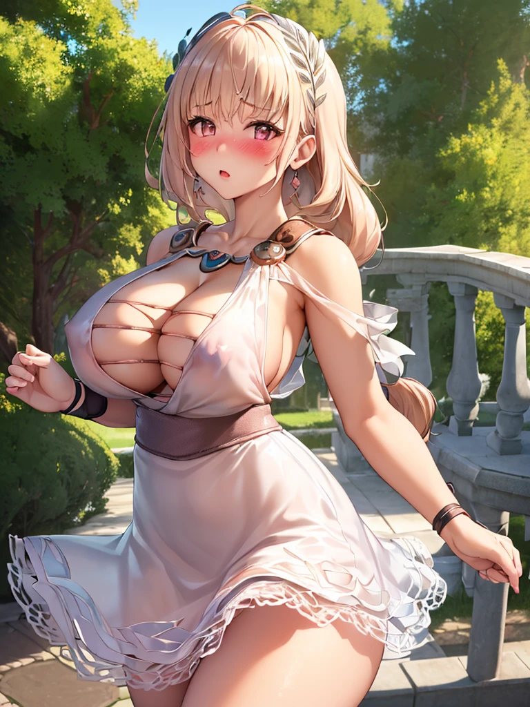 masterpiece, ultra-detailed, best quality, extremely detailed 1girl, beautiful girl,BREAK,(blush:1.5),(Cleavage,Areola:1.6),BREAK,(white translucent dress,She rolls up her skirt to show her underwear:1.5),