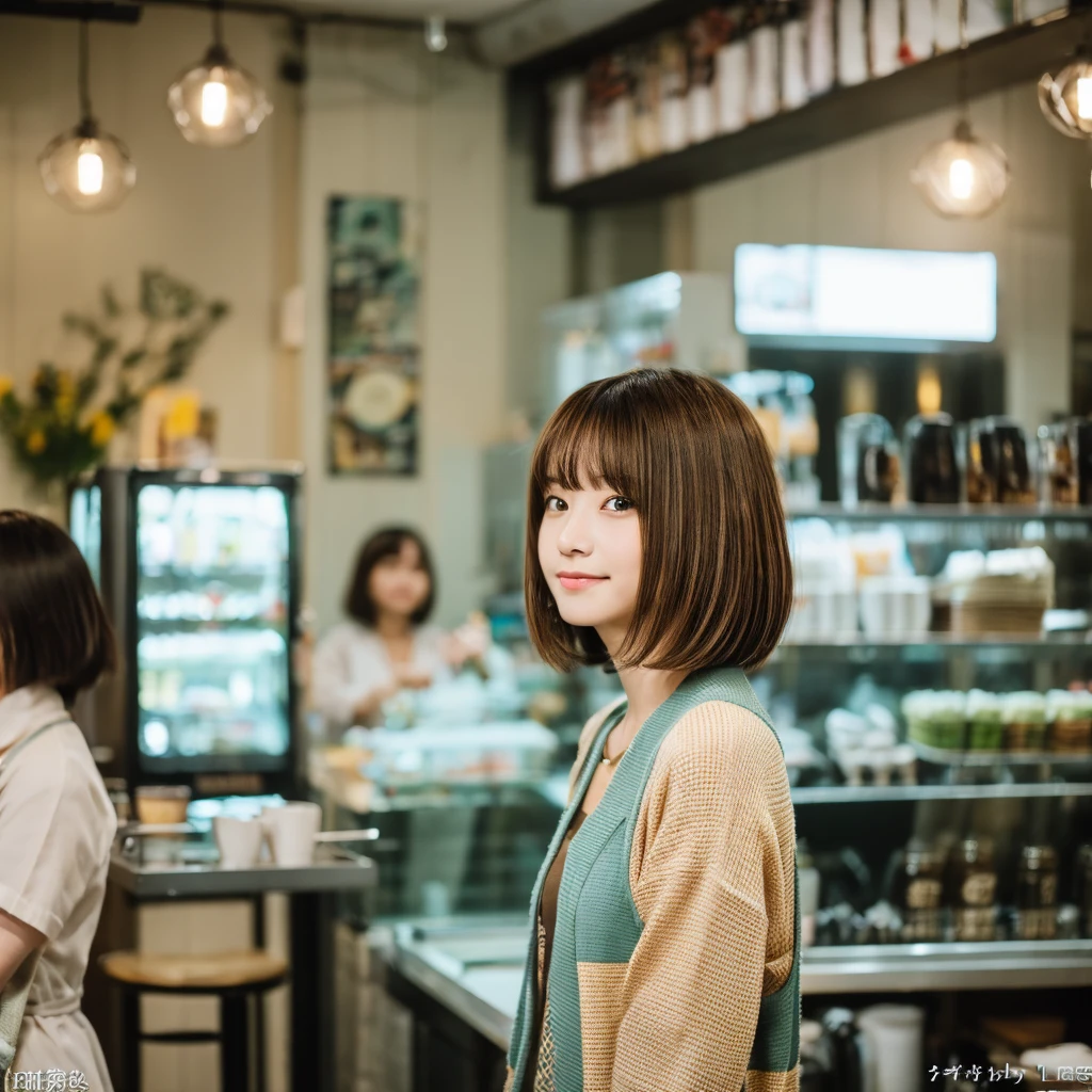 super high quality, Short Hair, Slender, Gravure photoshoot, The staff is working at the counter in the back., (8k、RAW Photos、highest quality、masterpiece:1.2), Japanese Idol, Shaggy, Sportswear, Stylish café, (Realistic、Photorealistic:1.37), Mesh Hair, Normal chest, Urban Cafe, Golden Ratio, Raw photo, Cute face , Light Brown Hair, Bright cafe interior, Blurred Background, Spring Clothes, A sweet expression, Watching the audience, Beautiful hairstyle, 20-year-old, Hair blowing in the wind, Neat clothes,
