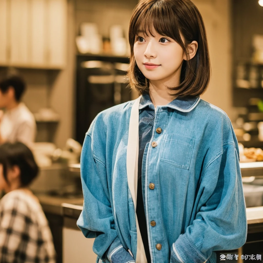 super high quality, Short Hair, Slender, Gravure photoshoot, The staff is working at the counter in the back., (8k、RAW Photos、highest quality、masterpiece:1.2), Japanese Idol, Shaggy, Sportswear, Stylish café, (Realistic、Photorealistic:1.37), Mesh Hair, Normal chest, Urban Cafe, Golden Ratio, Raw photo, Cute face , Light Brown Hair, Bright cafe interior, Blurred Background, Spring Clothes, A sweet expression, Watching the audience, Beautiful hairstyle, 20-year-old, Hair blowing in the wind, Neat clothes,