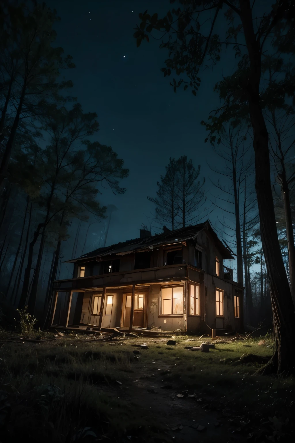 derelict house, half destroyed and careless in the middle of a forest at night, with dry and leafless trees, a slight orange lighting, horror diner
