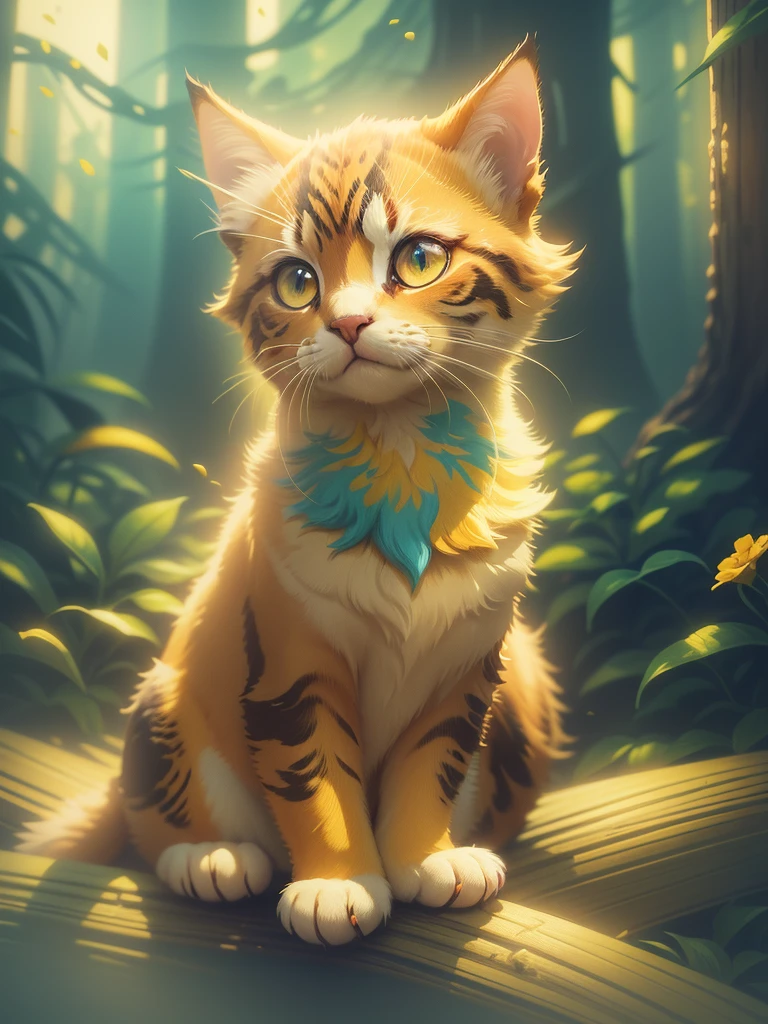 A detailed illustration of a print of a colorful yellow gold male calico cat, fantasy flowers splash, vintage t-shirt design, in the style of Studio Ghibli, light paper cut yellow pastel gold tetradic colors, 3D vector art, cute and quirky, fantasy art, watercolor effect, bokeh, Adobe Illustrator, hand-drawn, digital painting, low-poly, soft lighting, bird's-eye view, isometric style, retro aesthetic, focused on the character, 4K resolution, photorealistic rendering, using Cinema 4D