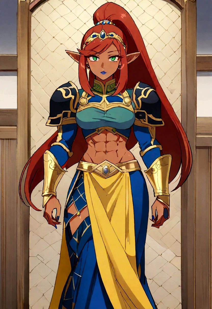 Cao Cao_female,Urbosa, breasts big,Abdomen, armors, blue lips, very long hair, diadem, top cut, dark-skinned female, darkskin, aretes, greeneyes, hoop aretes, jewerly, long hair, longskirt, make up, tummy, muscular, muscular female, narrowed eyes, へそ, neck cinta, pointy ears, Patterned skirt, Red hair, cinta, shoulder armors, Sideslit, swept bangs, suntanned, wide ponytail, big hair, Broad Hips, toned, curved, gerudo,ornated,, 1 girl, standing alone, gazing at viewer,ever forward, trunk, offcial art, high resolution, scenario, (work of art:1.1), (best qualityer,:1.1), (high qualiy:1.1), (anime cloth capture:1.2),
