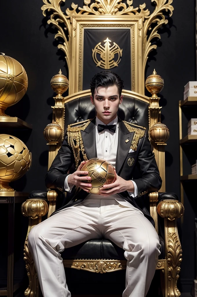 Young white man, shaved black hair, wearing black suit, sitting on a throne, holding a very large football champion trophy, in the background a huge shelf with thousands of titles, golden boots, golden balls, champion cups and a huge sign saying SONY