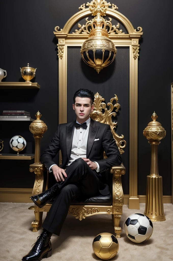 Young white man, shaved black hair, wearing black suit, sitting on a throne, holding a very large football champion trophy, in the background a huge shelf with thousands of titles, golden boots, golden balls, champion cups and a huge sign saying SONY