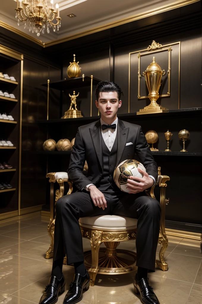 Young white man, shaved black hair, wearing black suit, sitting on a throne, holding a very large football champion trophy, in the background a huge shelf with thousands of titles, golden boots, golden balls, champion cups and a huge sign saying SONY