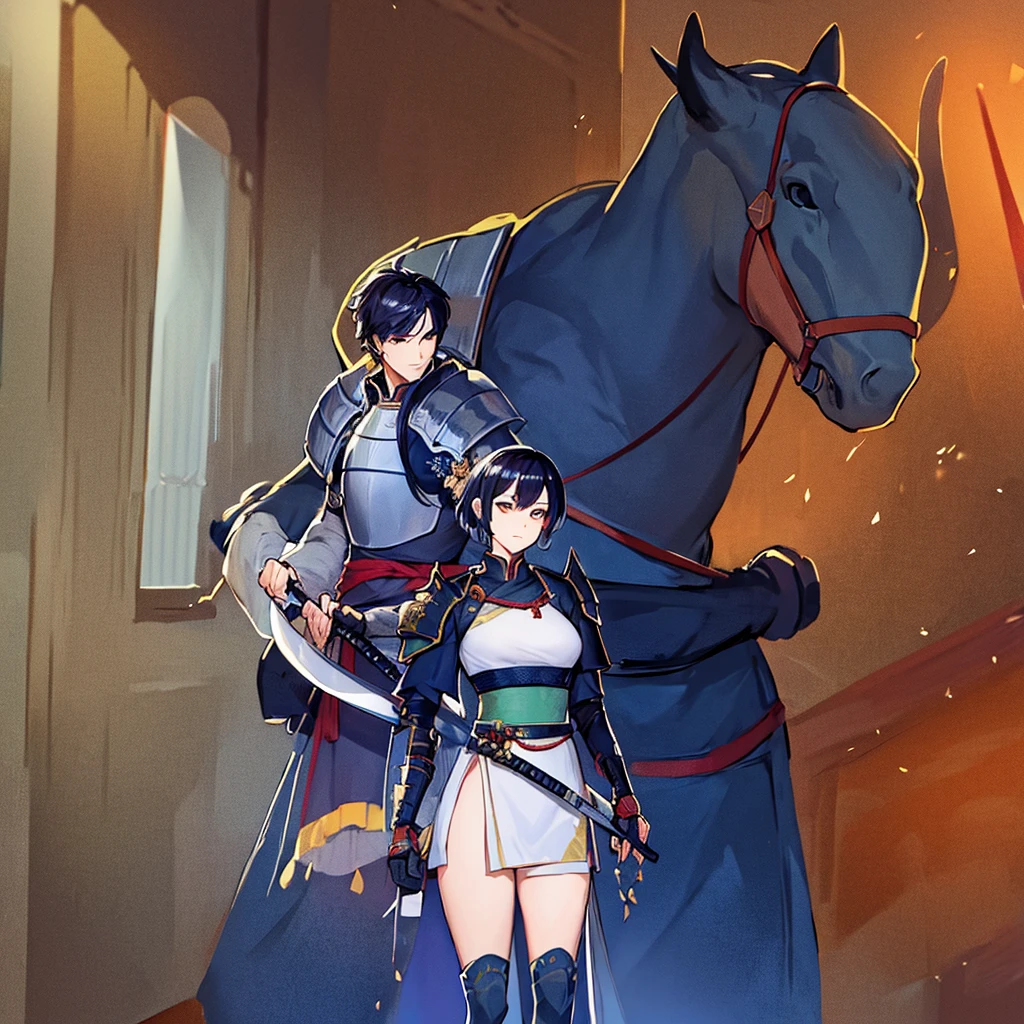 a strong, tall woman with short hair swordsman wearing samurai armor and a small broadsword