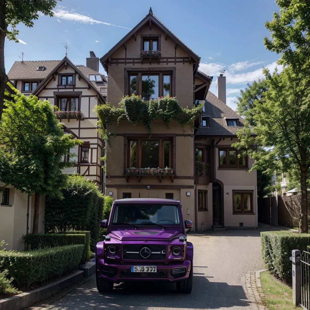 A house in germany with a luxurious purple g-wagon infront of the house. With trees on the street. 