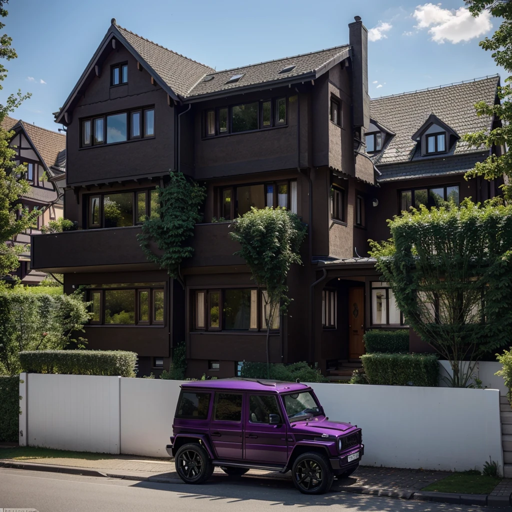 A house in germany with a luxurious purple g-wagon infront of the house. With trees on the street.