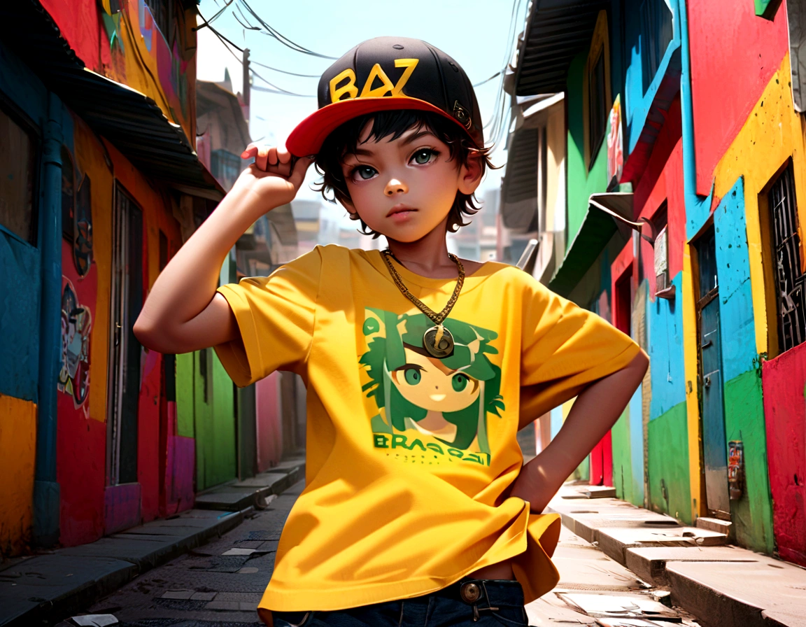 Little boy wearing snapback hat , and gold hip hop chain with pendant "84", pose ,hyper realist, colors of brazil in the favela