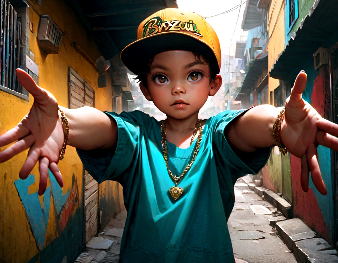 wearing snapback hat , and gold hip hop chain with pendant "84", pose ,hyper realist, colors of brazil in the favela