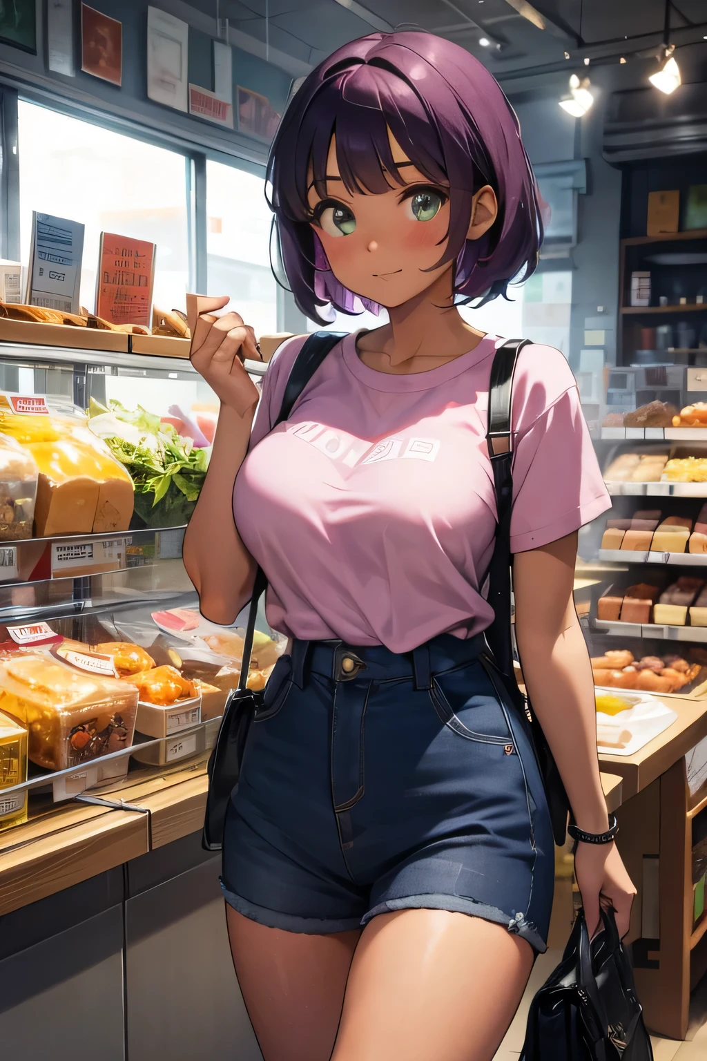 1 girl, single girl, cute, dark skin, tanned skin, short purple hair, green eyes, blushing, chubby, somewhat large breasts, kawaii aesthetic clothing, flirty clothing, in a clothing store,