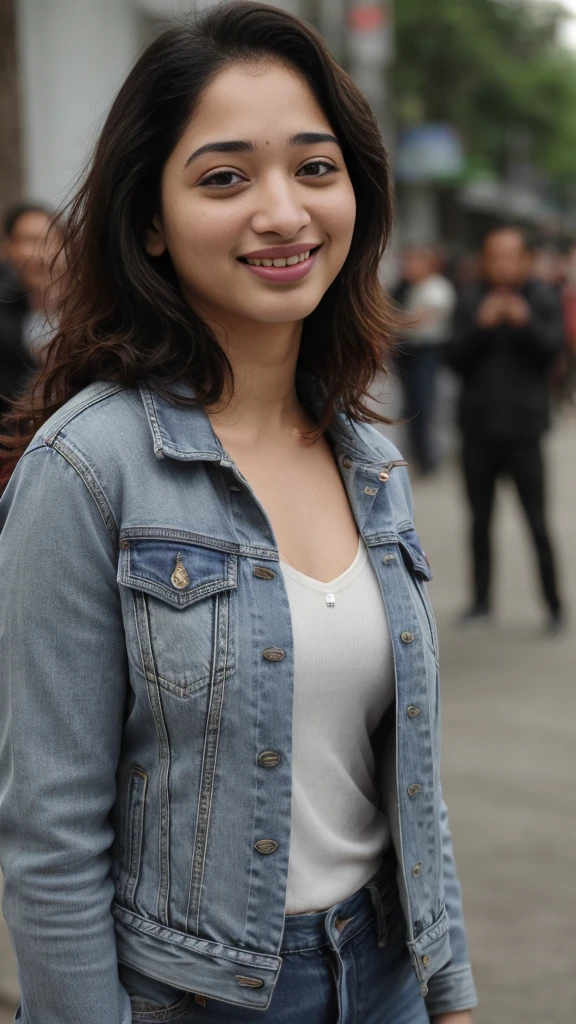 extreme closeup photo of 30 year old naked tamannaah bhatia, seductive look, begging crowd for sex on road, denim jacket, braless, sultry, erotic, smile