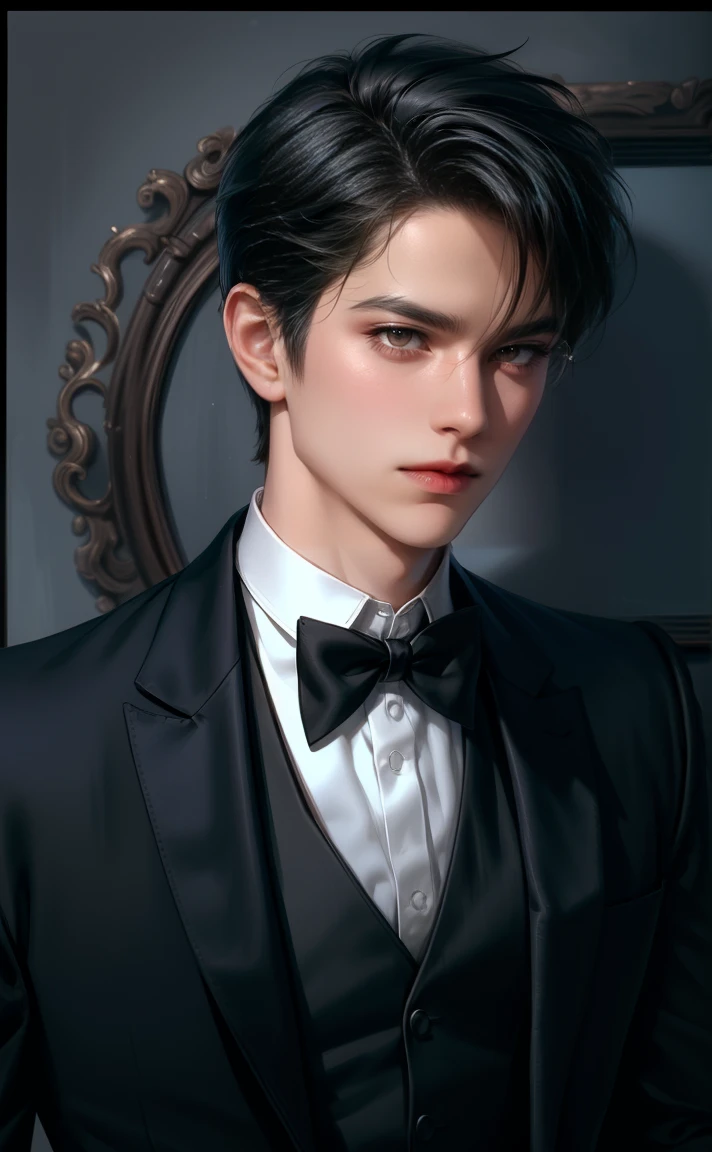 (masterpiece,Best quality,ultra_detailed,A high resolution,absurdity),1 adult male, 30th job, (broad shoulder), (muscular), male focus, One, short black hair with soft bangs (bang part on side 3:7 ratio), chain, shirt, black tie, tie, simple background, Blue eyes, upper body, vest, white short hair, Looking at the viewer, without a smile on your face, parted lips, collared shirt, round glasses, long sleeves, Hand on shoulder, black shirt, blue background, white vest, monocle, jewelry.