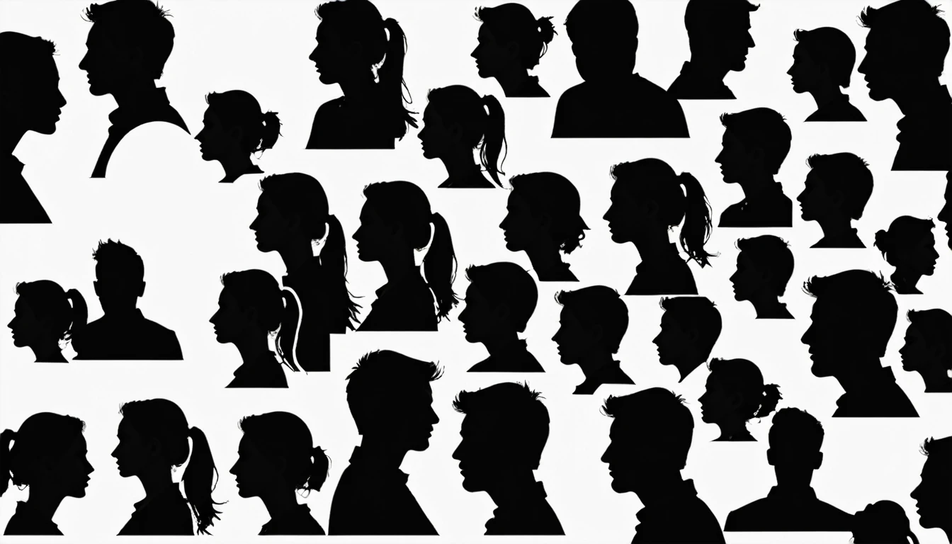 silhouettes of the profile of random people, faces should be facing the same way, on a white background