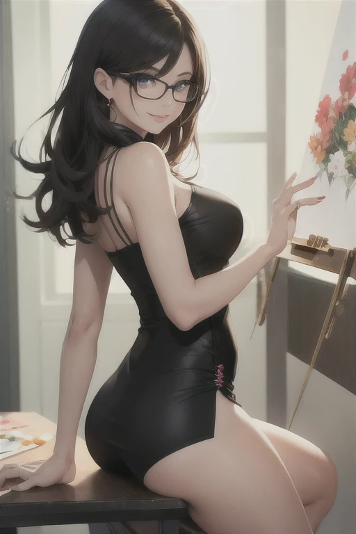 masterpiece, best quality, ultra detailed, dynamic angle, looking at viewer, watercolor and oil painting fusion, hot black artwork, white line art, beautiful woman, 1 woman, older woman, beauty, perfect anatomy, perfect eyes, perfect fingers, perfect hands, anime girl, secretary, sexy short dress, glasses, tight, ass, breast, thighs, black hair, siren black eyes, seductive smile, office background, soft, seductive, hot, spicy,
