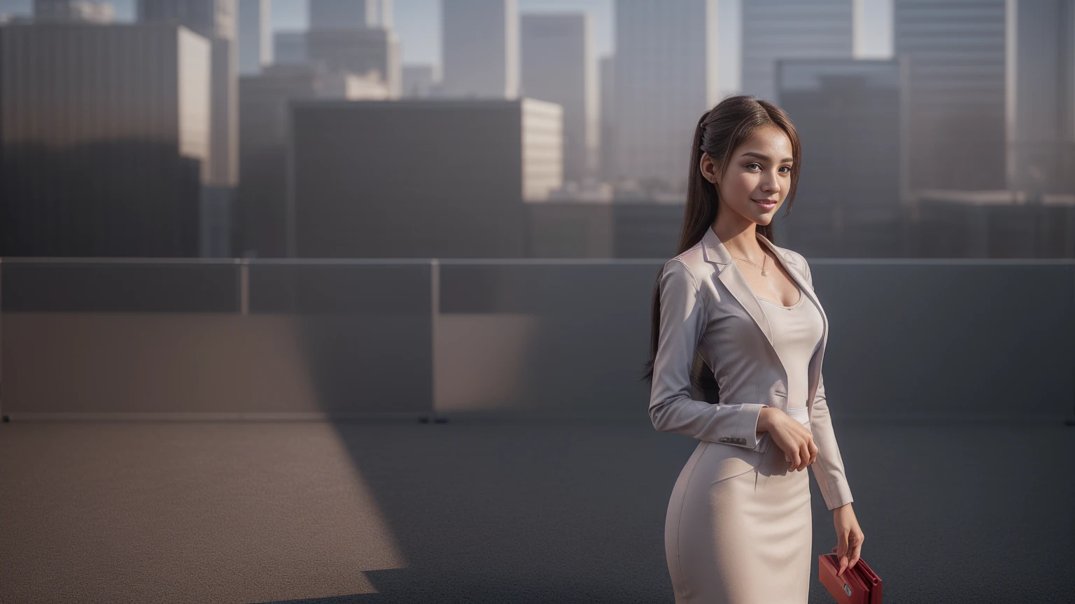 8k, masterpiece, RAW photo, best quality, photorealistic, extremely detailed CG unity 8k wallpaper, Depth of field, Cinematic Light, Lens Flare, Ray tracing, (extremely beautiful face, beautiful lips, beautiful eyes), intricate detail face, ((ultra detailed skin)), ((1girl:1.9)), ((standing alone:1.9)), ((19years old)), (beautiful and aesthetic:1.2), (big smile:1.2), deep shadow, (sharp focus), [((Raiana-Elizabeth-Dilla:1.9))], pretty girl, (very slim slender fit-muscled body:1.9), (((business-style fashion:1.9))), (((modern office background:1.9))), (shiny skin), clear eyes, (pale skin), soft lighting, (flowing dark-black hair), (looking at viewer:1.9),highly detailed, ultra realistic, extremely detailed and realistic ((red:1.5)) clothes.