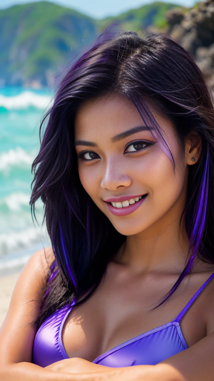 photo of female  (((lying))) on the beach long black hair with (((purple high lights)))  in RAW UHD format (Brown-eyed woman)  Details (textures! , , imperfections: 1.1), DSLR Lighting, SLR camera, Ultra-Quality, sharpness, Film grain, Fujifilm XT3, Crystal clear, sharp-focus, sunshine , neon lighting,  (lit), day time, (blue  sky), detailed skin pores, oilly skin, suntan, ocean in background, sharp, focused. razor-sharp, composition, light and shadow, smiling, half thai half scandinavian, (((purple high lights)))