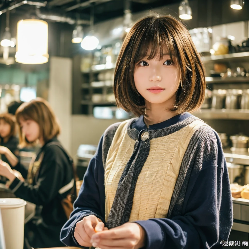 super high quality, Short Hair, Slender, Gravure photoshoot, The staff is working at the counter in the back., (8k、RAW Photos、highest quality、masterpiece:1.2), Japanese Idol, Shaggy, Sportswear, Stylish café, (Realistic、Photorealistic:1.37), Mesh Hair, Normal chest, Urban Cafe, Golden Ratio, Raw photo, Cute face , Light Brown Hair, Bright cafe interior, Blurred Background, Spring Clothes, A sweet expression, Watching the audience, Beautiful hairstyle, 20-year-old, Hair blowing in the wind, Neat clothes,