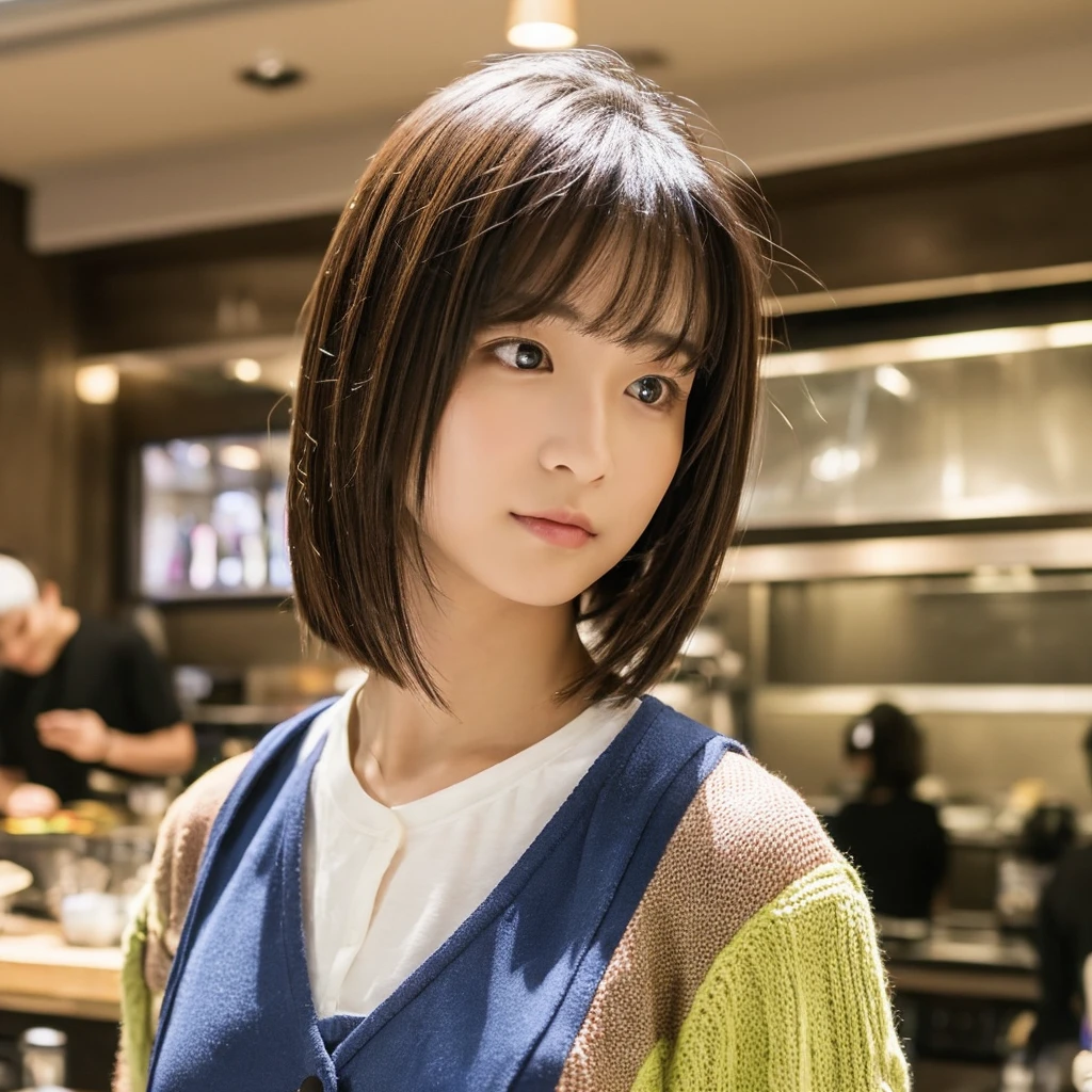 super high quality, Short Hair, Slender, Gravure photoshoot, The staff is working at the counter in the back., (8k、RAW Photos、highest quality、masterpiece:1.2), Japanese Idol, Shaggy, Sportswear, Stylish café, (Realistic、Photorealistic:1.37), Mesh Hair, Normal chest, Urban Cafe, Golden Ratio, Raw photo, Cute face , Light Brown Hair, Bright cafe interior, Blurred Background, Spring Clothes, A sweet expression, Watching the audience, Beautiful hairstyle, 20-year-old, Hair blowing in the wind, Neat clothes, 
