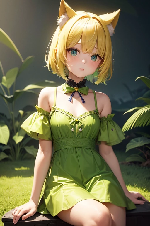 in a surrealistic landscape, a small korean girl character with short, yellow hair and white peach sits on a small chair, the scent of lavender fills the air. Her sister, with spiky, emerald hair that seems to glow with an air of mystery, wears a yellow emerald necklace with emerald beads. She wears a yellow dress with a blue bow tie and a pair of bright green ear droplets that seem to come to life, and her lips kiss it with mischief. Her eyes are filled with a sense of wisdom and thought, as if she is lost in thought. A soft, ethereal glow that illuminates the scene as if in high spirits. This is a fusion of classic and contemporary, creating a masterpiece that will transport time to another world of mystery and wonder.