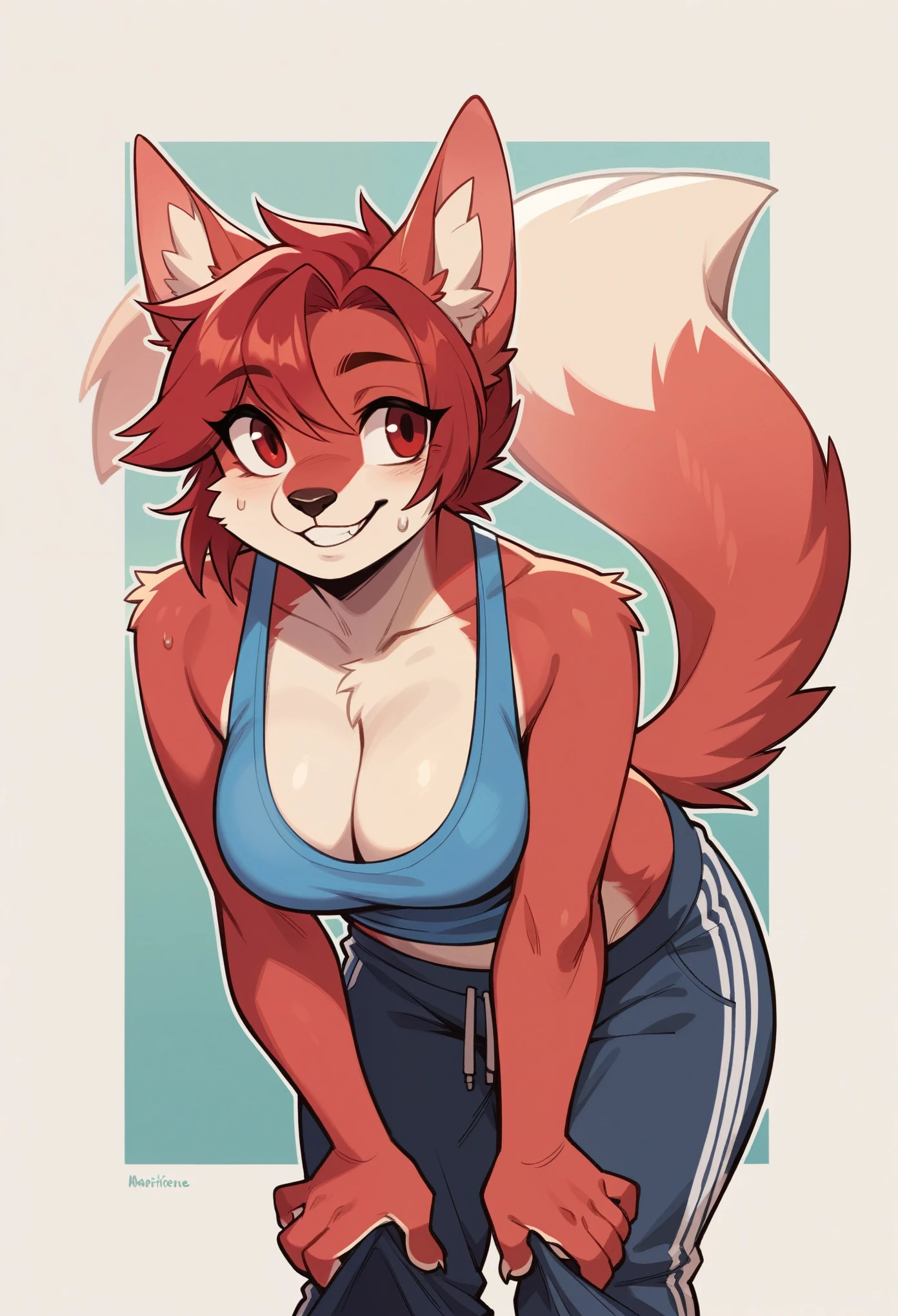 ((masterpiece, best quality)), (anthro furry:1.3, snout:1.2, anthro:1.3, furry:1.2, closeup:1.2, solo female:1.2, cleavage, leaning forward, smile, red), no top, sweatpants