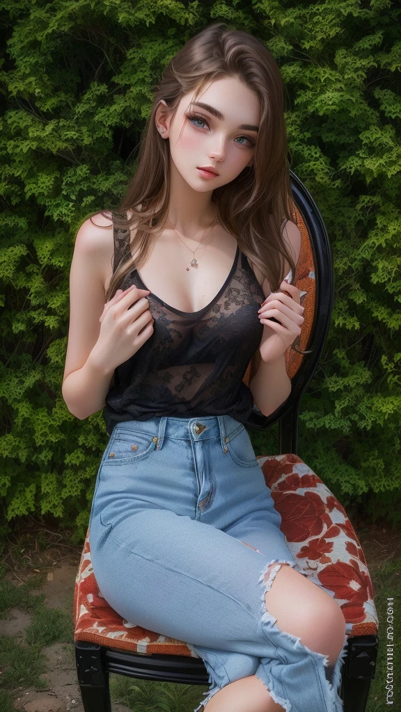 Arafed woman sitting on a chair in front of a bush, beautiful seductive ager, brown hair and a perfect body, gorgeous young model, Anna Nikonova alias Newmilky, sharpen, Casual pose, she is wearing a black tank top, sexy girl, very pretty model, wearing a cute top, 2 4 year old female model, Young teens, sweet young woman