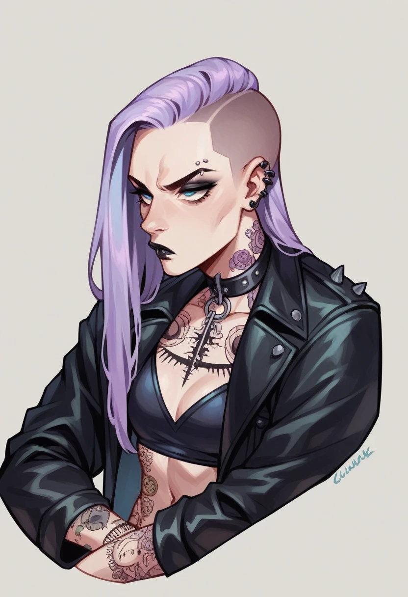 beautyful woman, gothic, tattoos in whole body, slender body, long sidecut hair, lilac hair, long hair, lilac bikini, black spike jacket, black jeans, serious look, black lipstick, oral sex, head holded