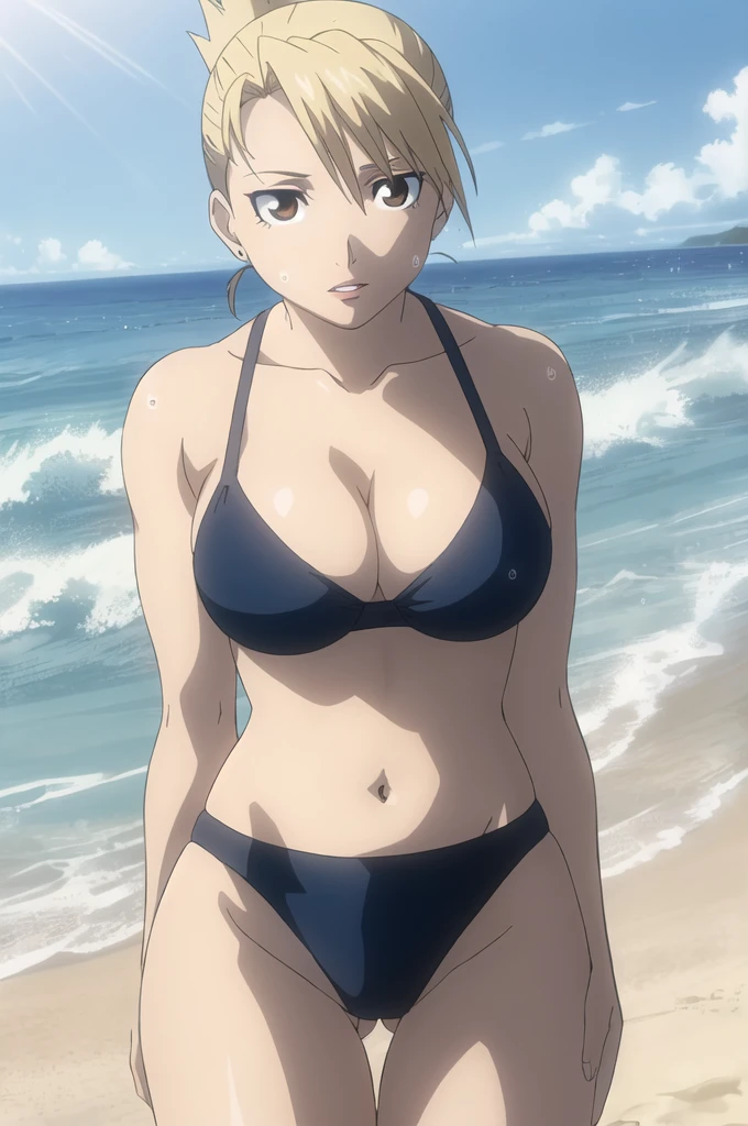 RH, folded ponytail, 1girl, solo, looking at viewer, big breasts, lips, blue bikini, huge breasts, large breasts, small waist, thick thighs, nice thighs, cameltoe, thong panties, in water, wet, at beach, ocean, waves, clear water, sunny sky, bright day, clear sky, cleavage, perfect quality, good quality, masterpiece, HDR, UHD, 4K, ultra hd, in frame, perfect quality, best quality, ultra resolution, head in frame,