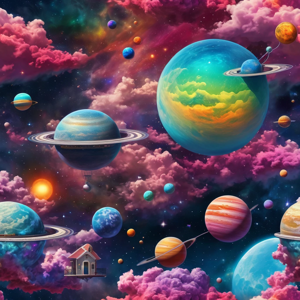 colorful, highly detailed, best quality, floating house on the clouds, colorful planets in the cosmos