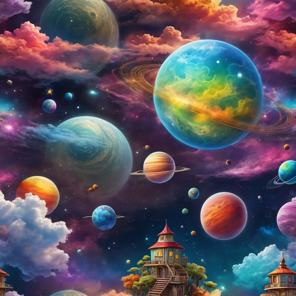 colorful, highly detailed, best quality, floating house on the clouds, colorful planets in the cosmos