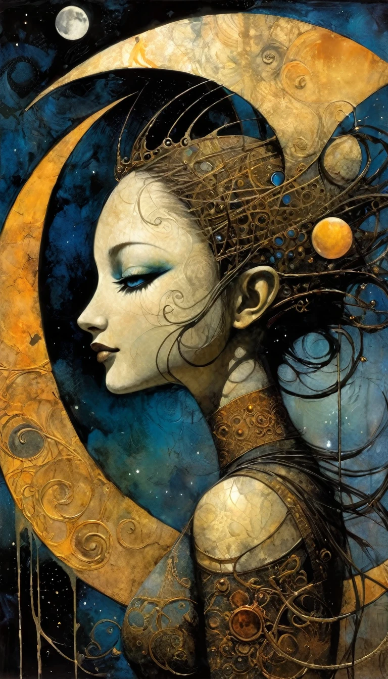 the moon, Artwork inspired by Dave Mckean, intricate details, oil painted