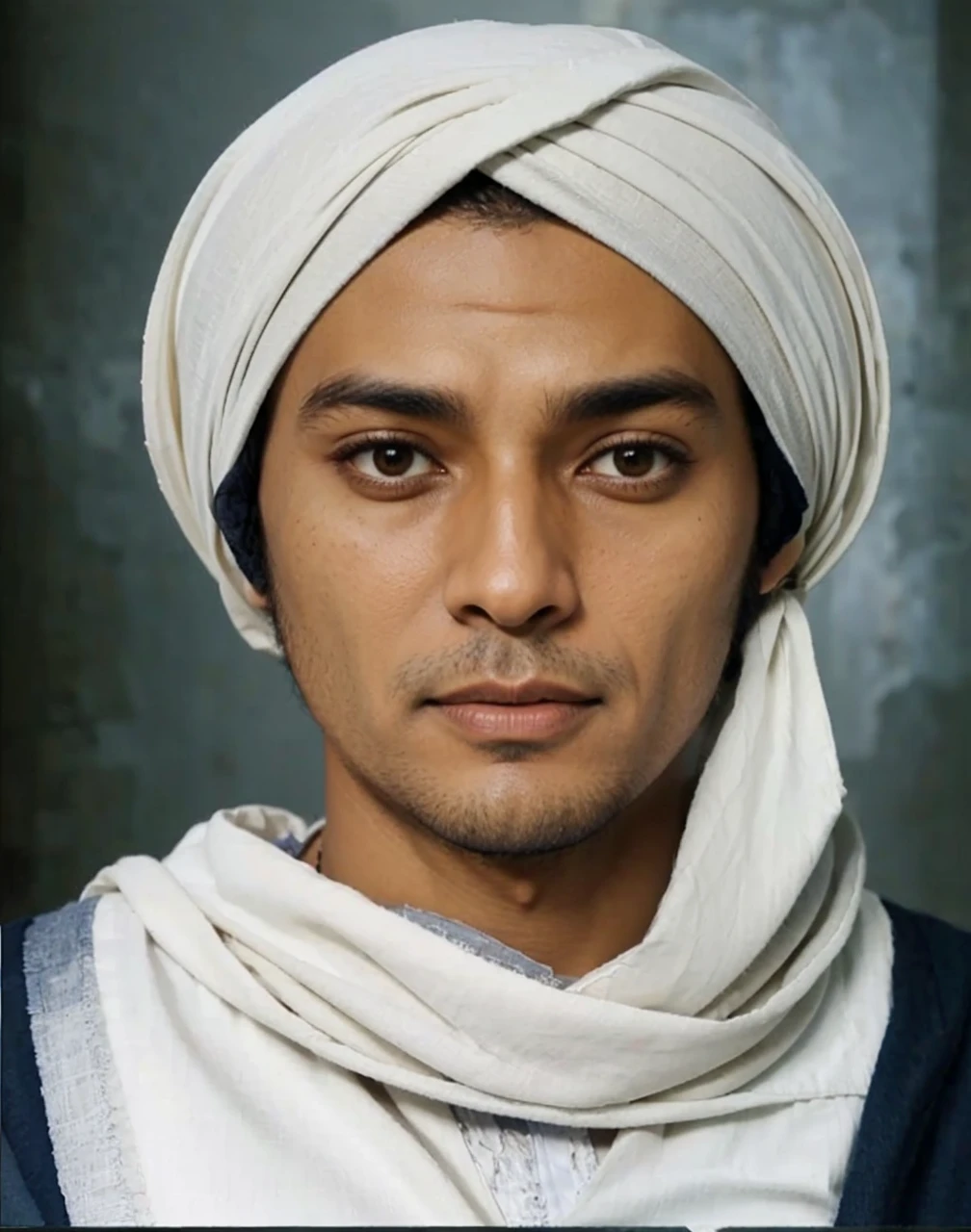 Muslim man, brown skin aged 40 years or over, wearing a shabby cloth robe, cloth turban. Hd realistic photos
