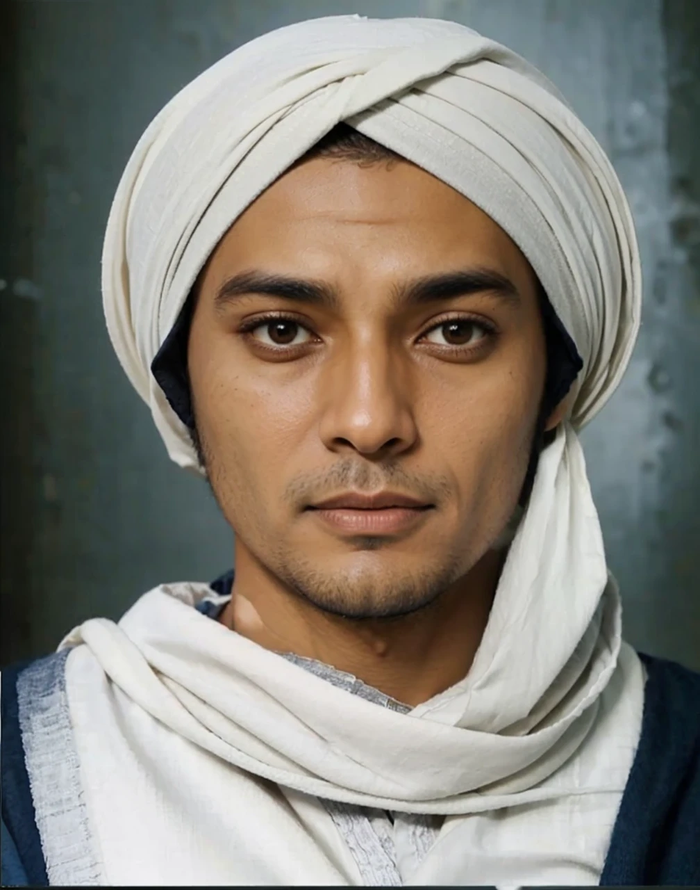 Muslim man, brown skin aged 40 years or over, wearing a shabby cloth robe, cloth turban. Hd realistic photos
