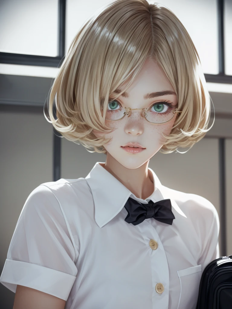 1girl, elegant bearing, small, slender build, short height, narrow shoulders, pale skin dotted by freckles, short platinum blonde hair, (((mop-top hairstyle))), (((boyish hair))), (dark green eyes), silver glasses, cute facial features with an underlying elegance, thin lips, small breasts,  female, RAW photo, ((slim body: 1)), (HQ skin: 1.4), 8k uhd, dslr, soft light, high quality, ((school uniform, white clothes, gold accents, (looking at viewer:1.4)
