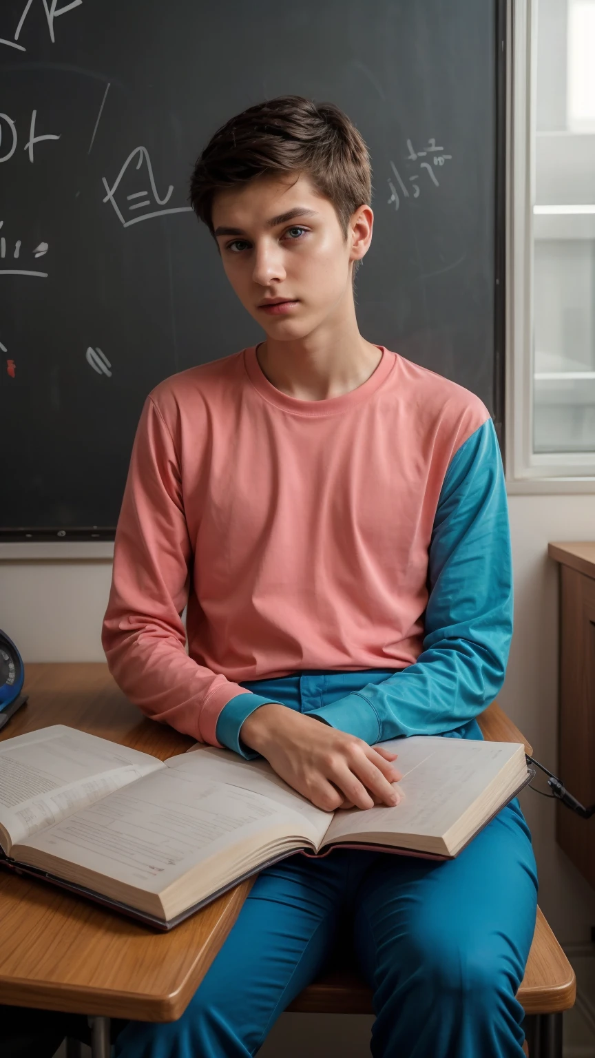 A beautiful young male twink with dark circles under his eyes. He has black hair and a face with make-up. He is wearing a bright pink long-sleeved shirt and aqua blue pants. He is in his office, sitting at a study desk, reading a huge book. Behind him is a blackboard with calculus written on it.  Integration and radiating neon energy comes out of the board