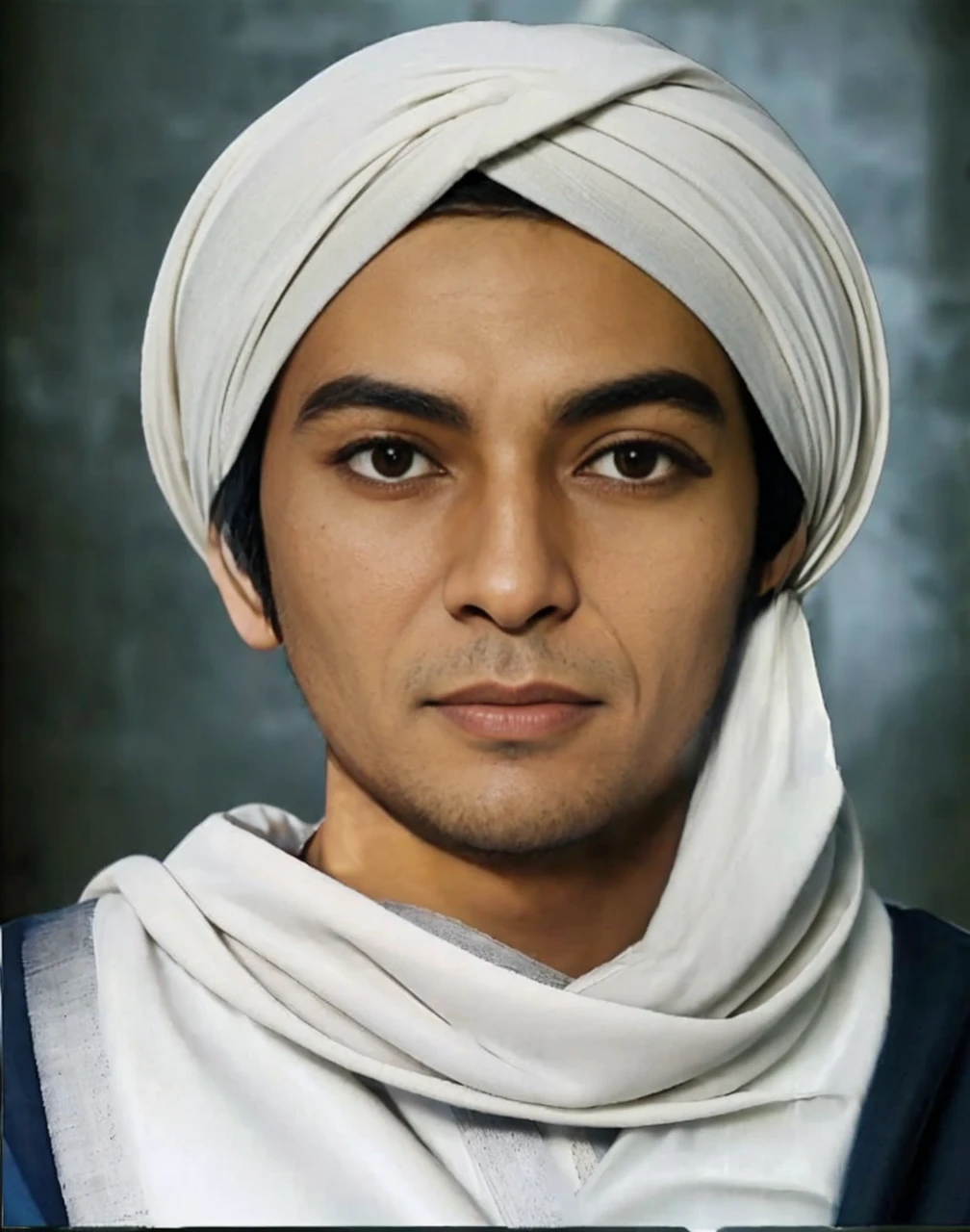 Muslim man, brown skin aged 40 years or over, wearing a shabby cloth robe, cloth turban. Hd realistic photos