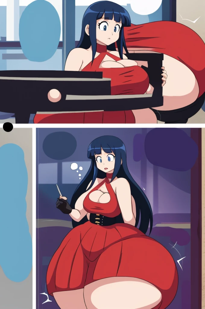 High quality anime illustration, 1 girl, breast expansion, neckline, giant breasts, huge breasts, looking at breasts, ((better eyes)), very pretty face, loving breasts, chubby, (((extremely massive hips))), (((extremely massive thick thighs))), (((extremely massive voluptuous butt))), (((extreme curvy curvy body)))
