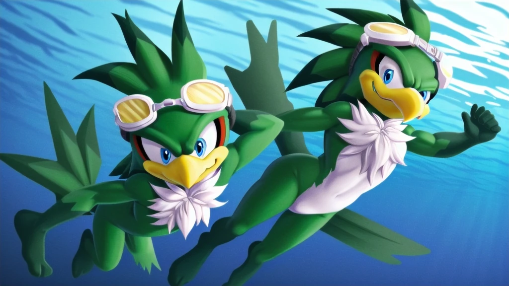 jetthehawk, furry male anthro, bird boy, solo, (best quality), (detailed fluffy feathers:1.1), goggles, muscular, grin, red speedos, swimming underwater, underwater background, green eyelids, 3D Render, colourful, (beautiful), (masterpiece), cinematic CGI screenshot