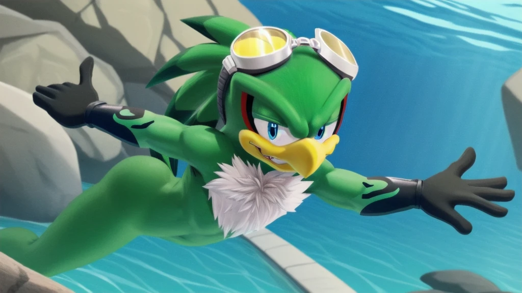 jetthehawk, furry male anthro, bird boy, solo, (best quality), (detailed fluffy feathers:1.1), goggles, muscular, grin, red speedos, swimming underwater, underwater background, green eyelids, 3D Render, colourful, (beautiful), (masterpiece), cinematic CGI screenshot